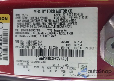 2015 Ford Fusion Se from USA, damaged, VIN 3FA6P0HDXFR274401
